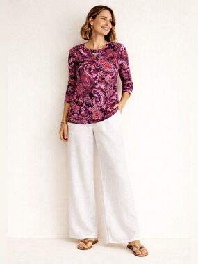 Chicos paisley long sleeve layering tee pink boho artsy L comfy resort wear